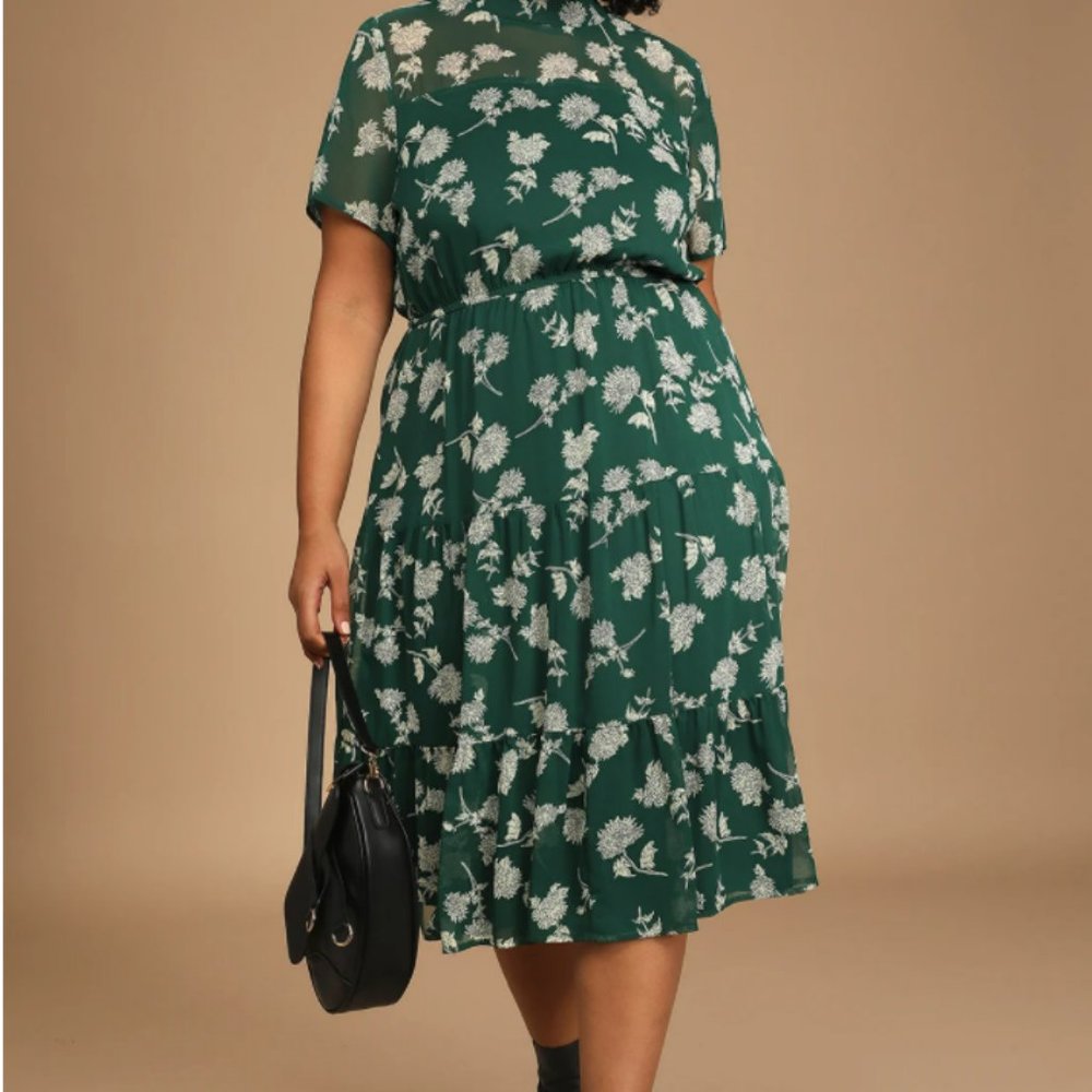 Lulu's Green Floral Midi Dress with Cream Print - Picture 3 of 5